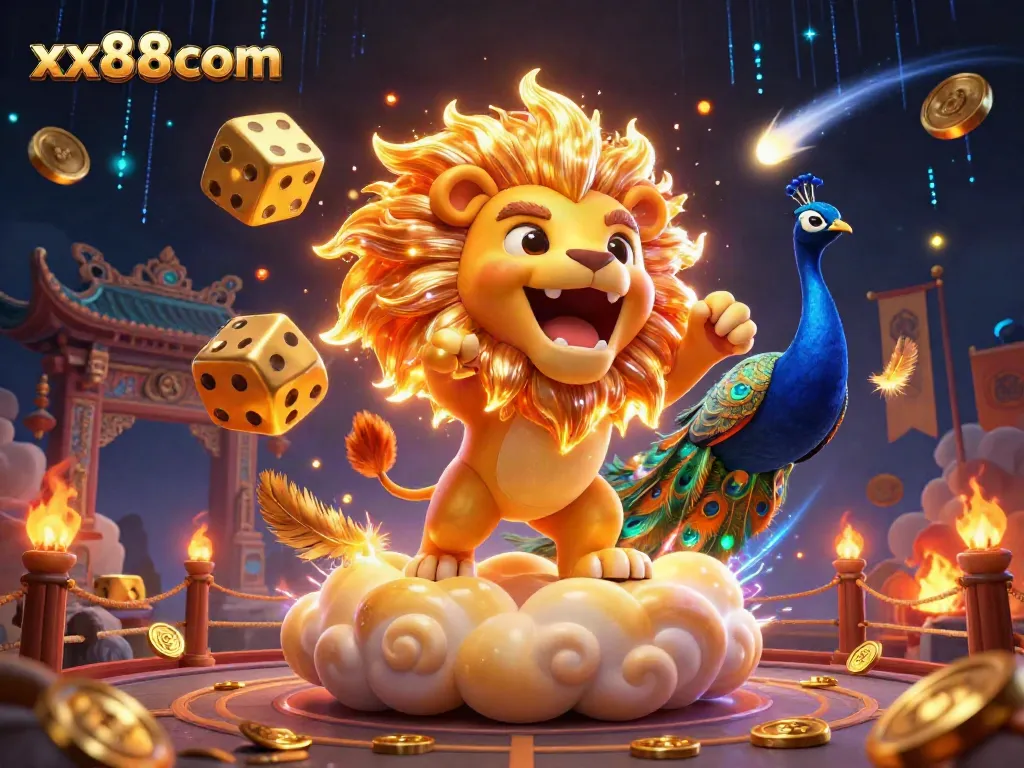 Experience thrilling wins at xx88com with a vibrant casino scene featuring a roaring lion and dynamic game elements.
