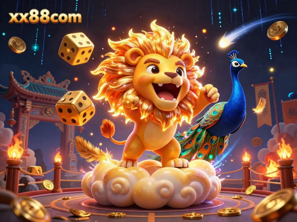 Experience thrilling wins at xx88com with a vibrant casino scene featuring a roaring lion and dynamic game elements.