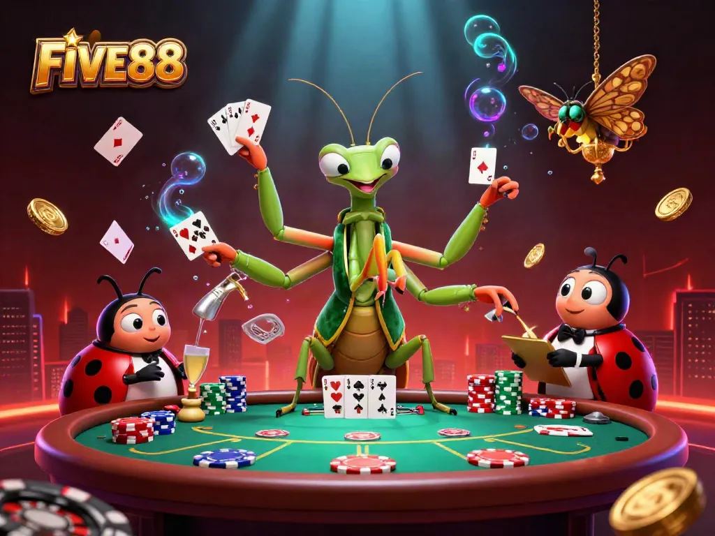 FIVE88 casino scene with a giant praying mantis card sharp and vibrant gambling elements enriching the atmosphere.