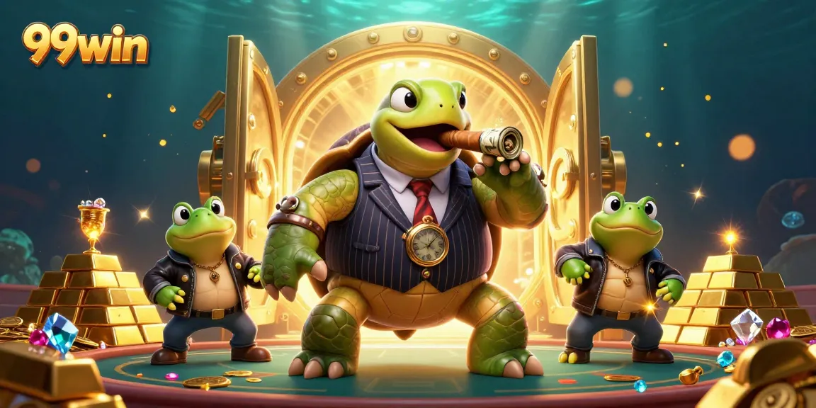 Experience excitement at 99win with a vibrant casino scene featuring animation and treasures.