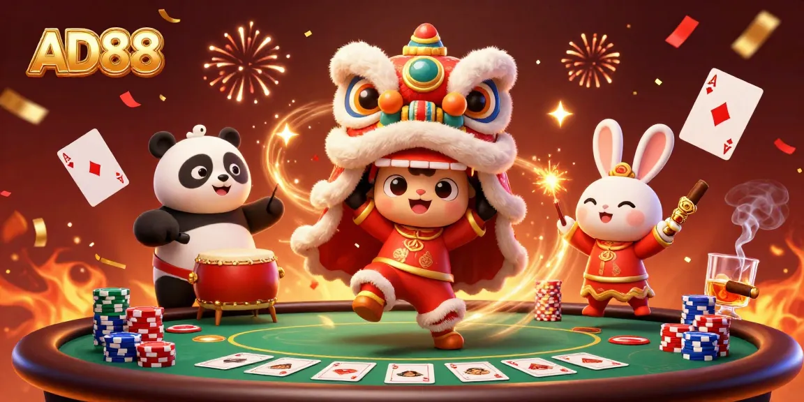 Engage with AD88 action in a vibrant casino scene featuring colorful poker elements and festive characters.