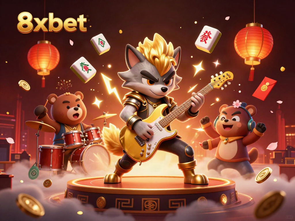 8xbet wolves and bears performing in an electrifying casino stage with vibrant colors and dynamic elements.