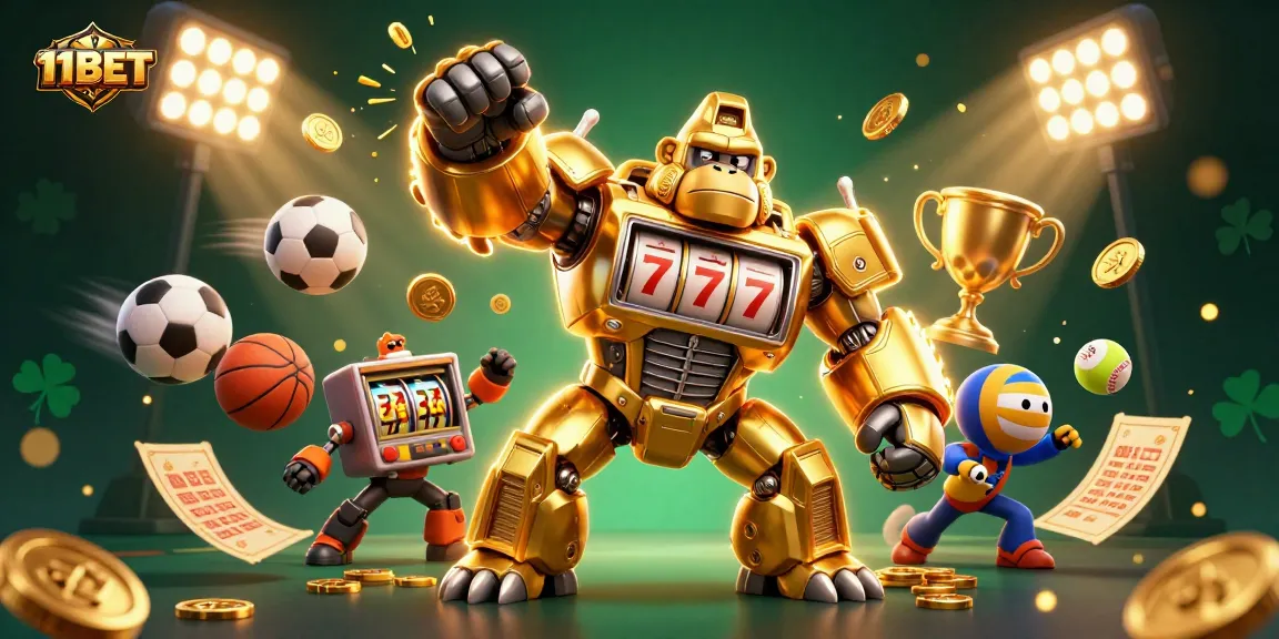 Experience thrilling action with 11BET and its stunning golden gorilla mech amidst dynamic sports elements.