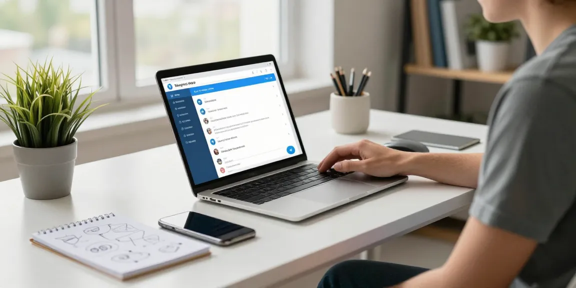 Engaging user exploring the Telegram Web Version on a modern laptop in a bright workspace.