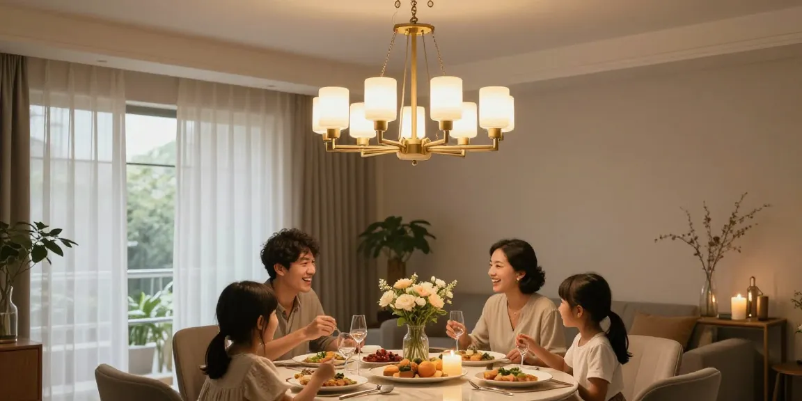 Candelabru living elegant în cameră luminată, familie la masă cu bucate rafinate.