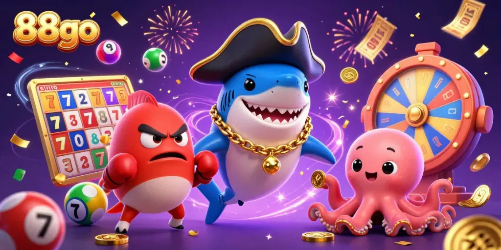 Experience exciting wins with 88go's vibrant casino-themed illustration featuring playful characters.