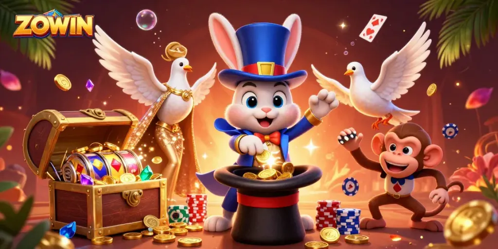 ZOWIN captures excitement as a magician rabbit conjures coins amidst swirling poker chips.