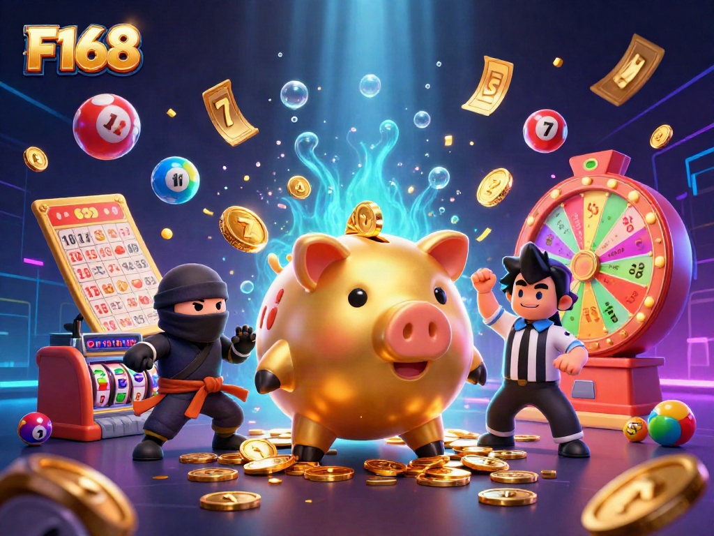 Experience the excitement of F168 casino with vibrant characters and dynamic gambling elements.