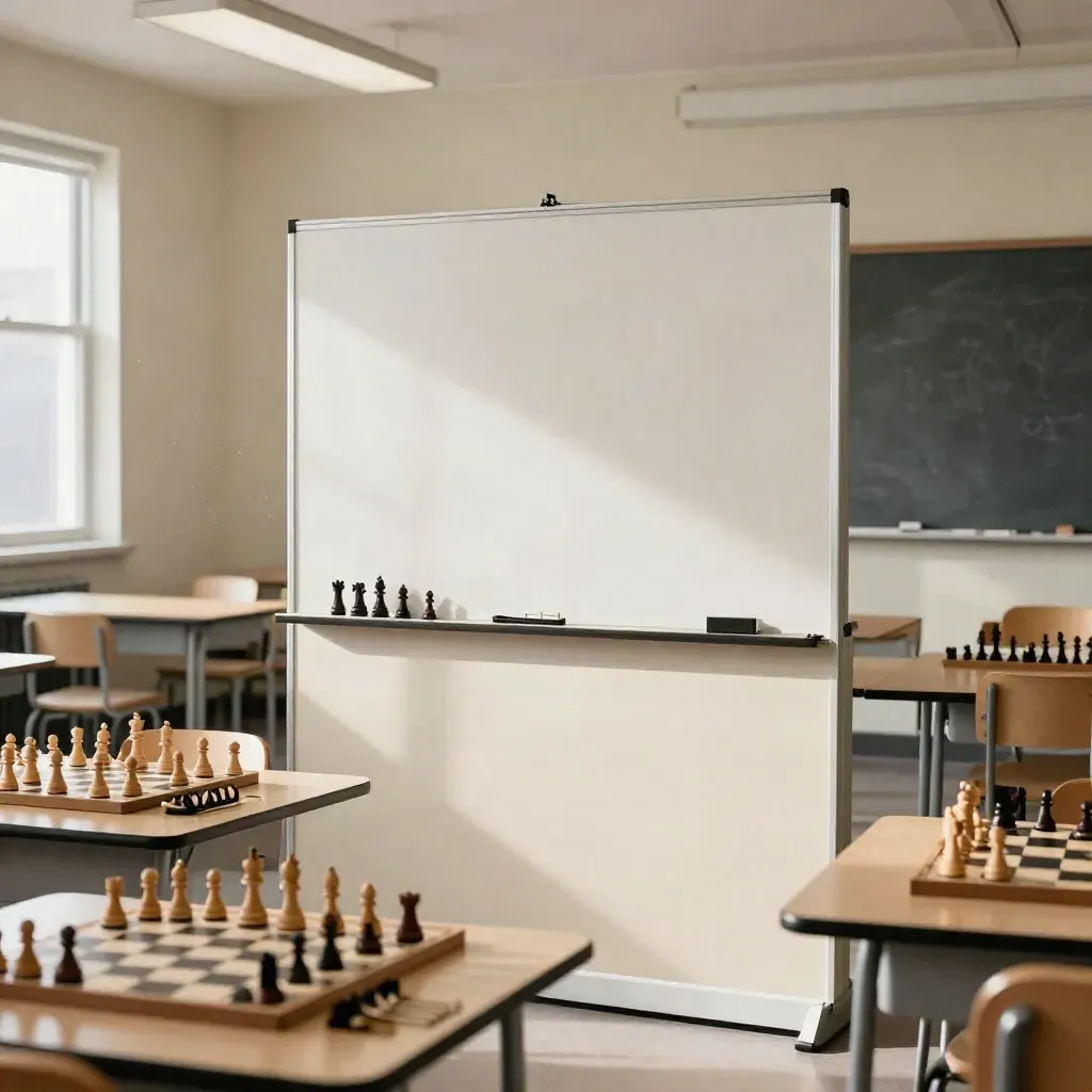 Bright Calgary chess classroom with demo board, three rows of boards, and sorted piece trays in morning light.
