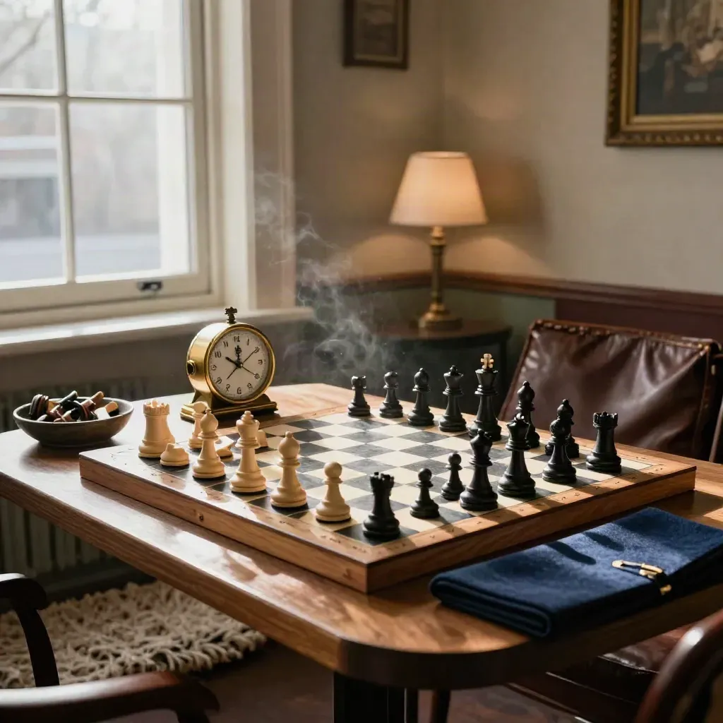 Chess board, brass clock, captured pieces, spare queens and leather bag in a cozy club corner.