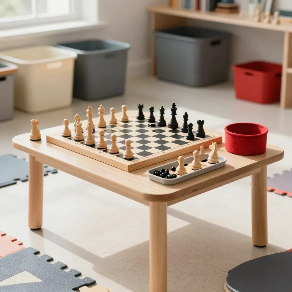 Kid chess boards mid-reset beside a solved puzzle board, with storage bins on a low table