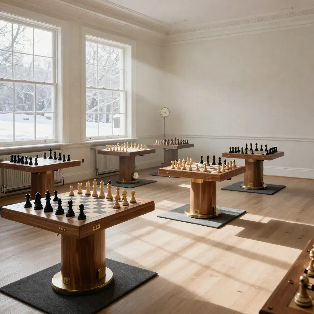 Empty Calgary chess club room with boards, clocks, and winter light across the floor.