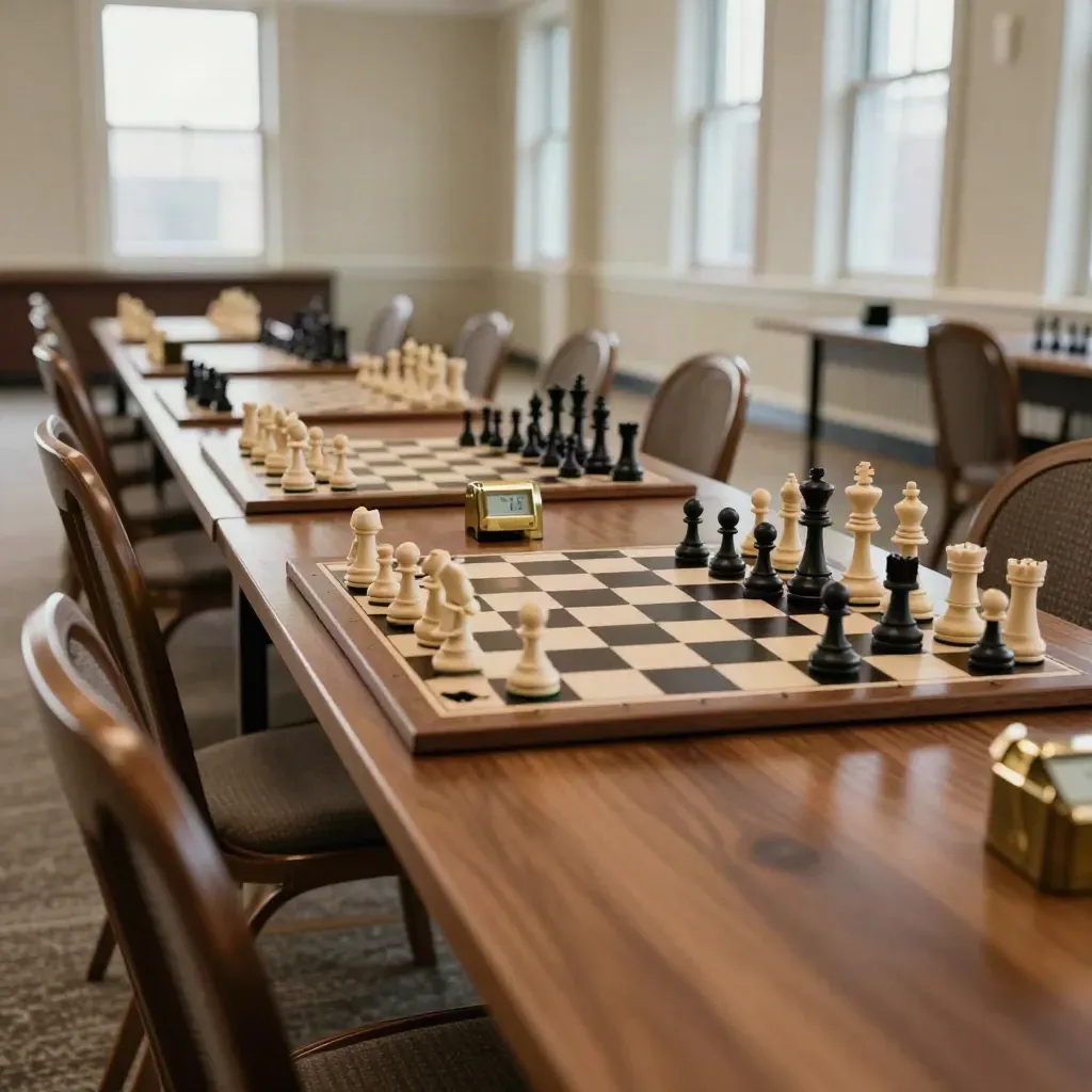 Rows of chess boards and clocks in a Calgary club hall, waiting for rated play.