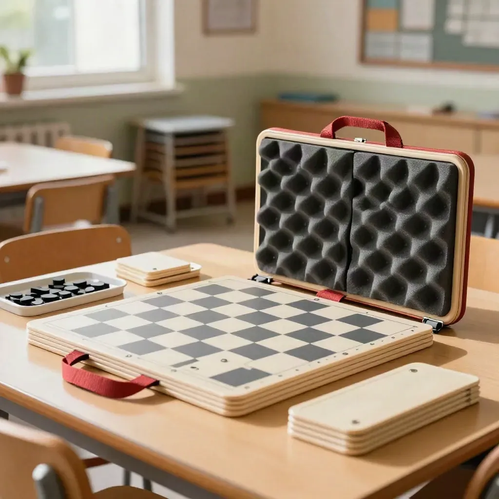 Chess boards and foam cases packed on a classroom table in bright daylight.