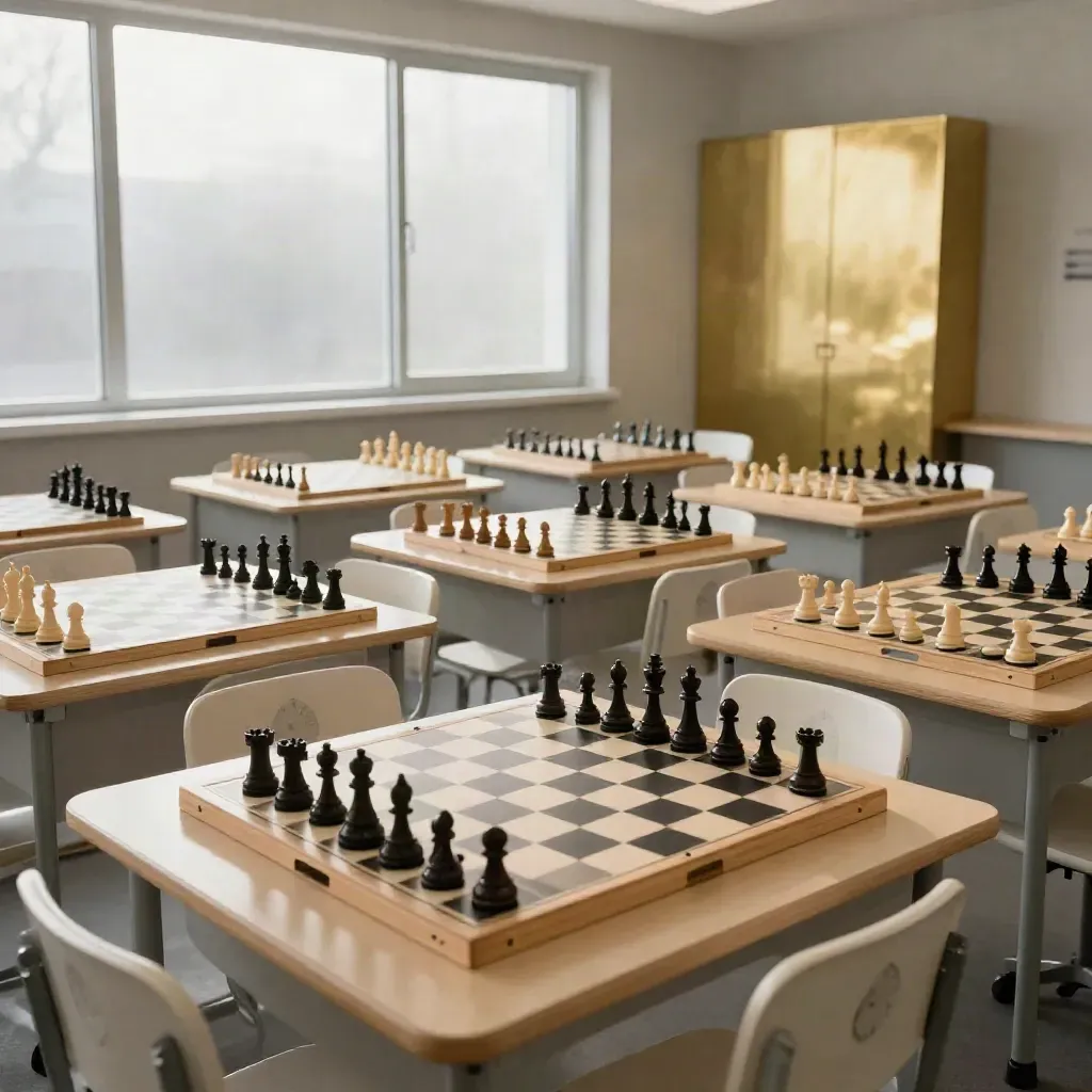 Empty youth chess room with six endgame boards and a solved puzzle board