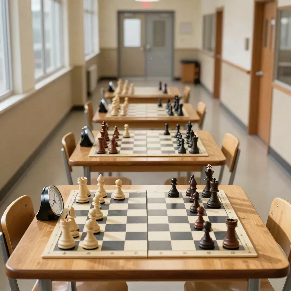 Empty school chess room with a central board, paired clocks, and rows of boards after practice