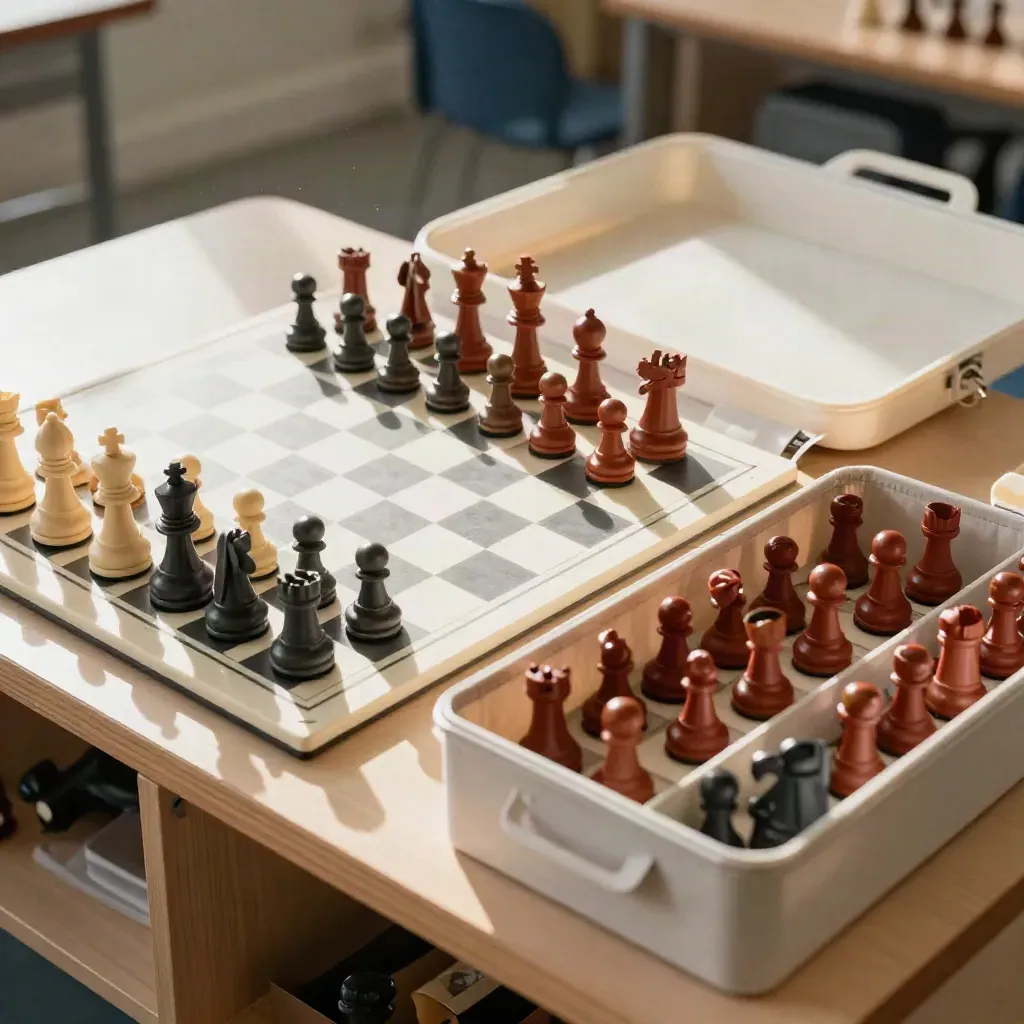 Overhead chess youth kit with plastic pieces, foam-core board edge, and stacked spare sets.