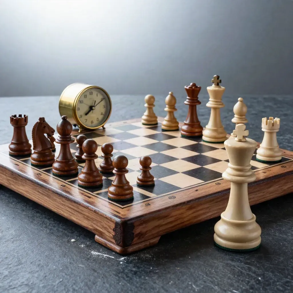 Chess clock, worn analysis board, and weighted kings on dark stone in dramatic studio light.