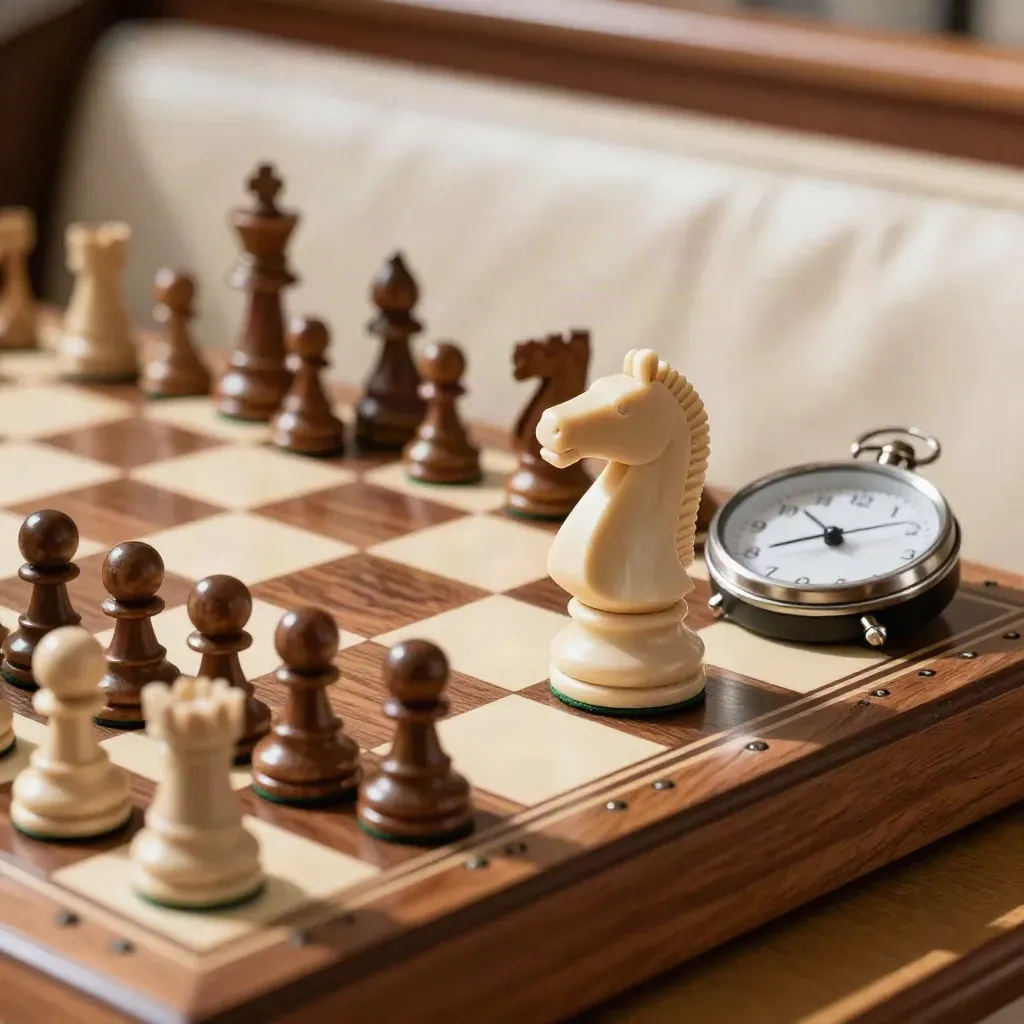 Macro of a travel chess board with an ivory knight, clock, and captured pawns.