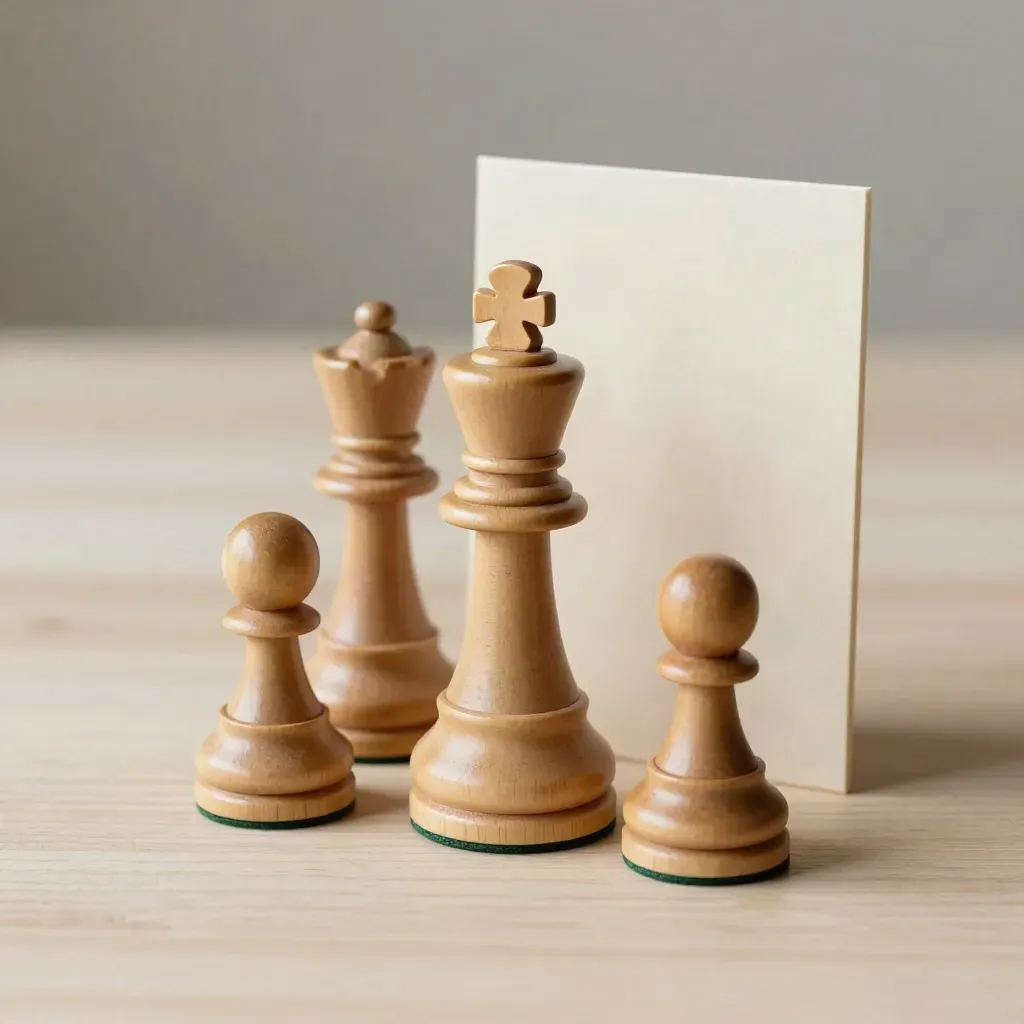 Chess pieces and wooden tokens on pale wood, arranged as a local club intake still life.