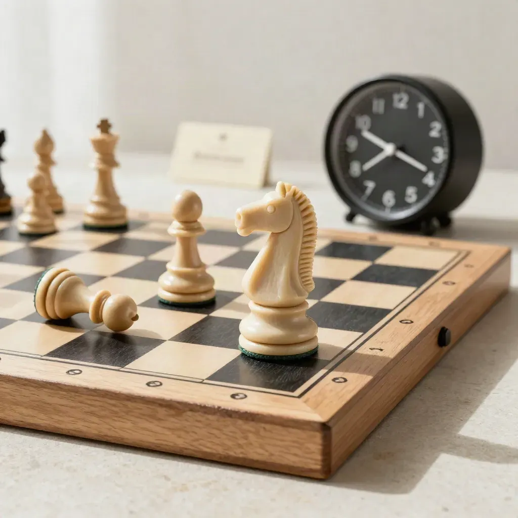 Chess board corner with knight, captured pawn, and clock on a limestone surface.