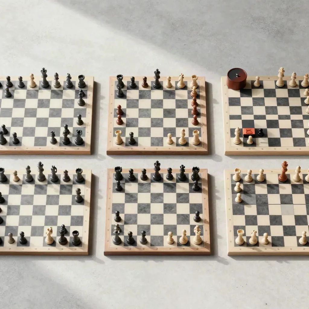 Three chess boards in progression with a clock and captured pieces on pale concrete.