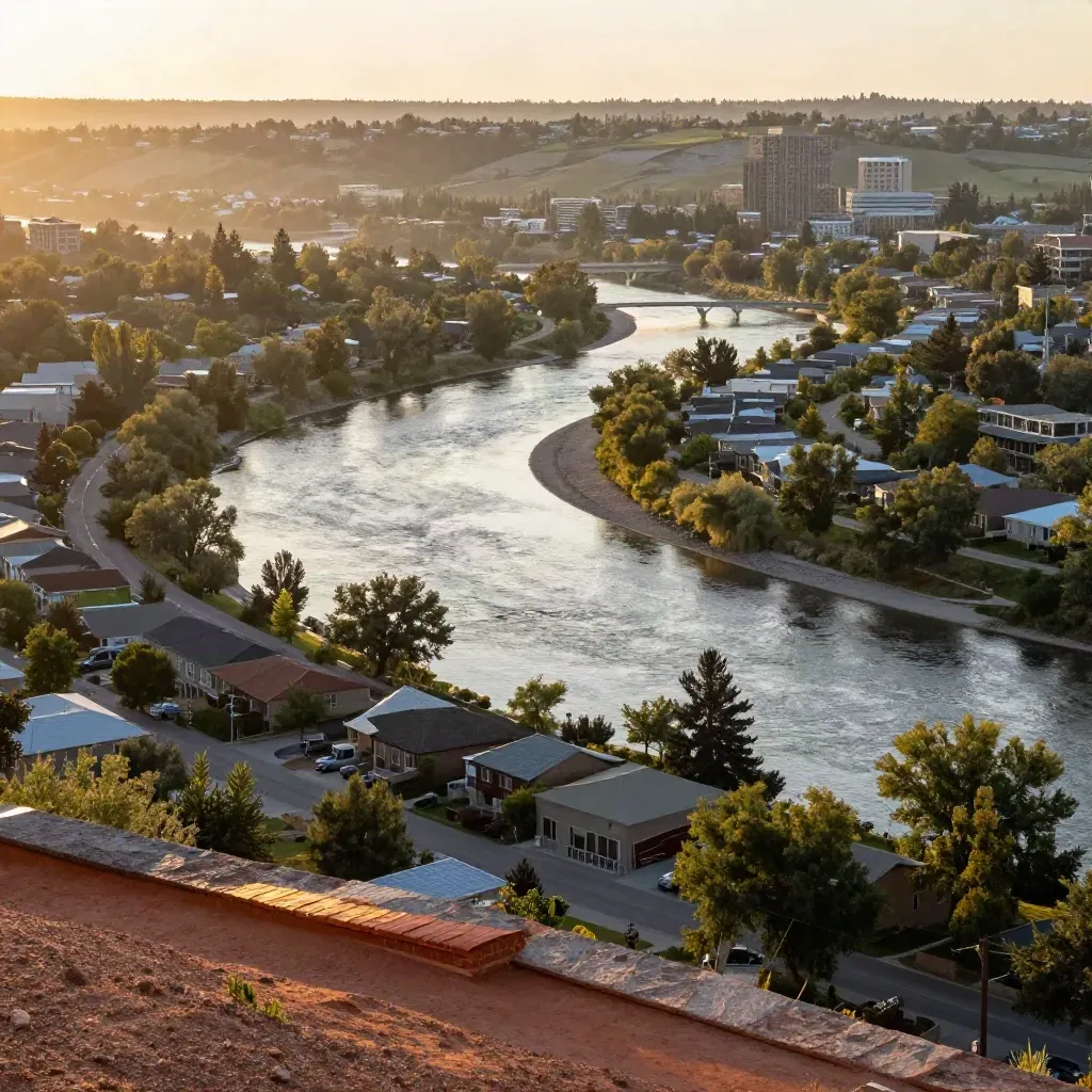 Bow River curves past west Calgary streets at sunset with hazy foothills beyond.