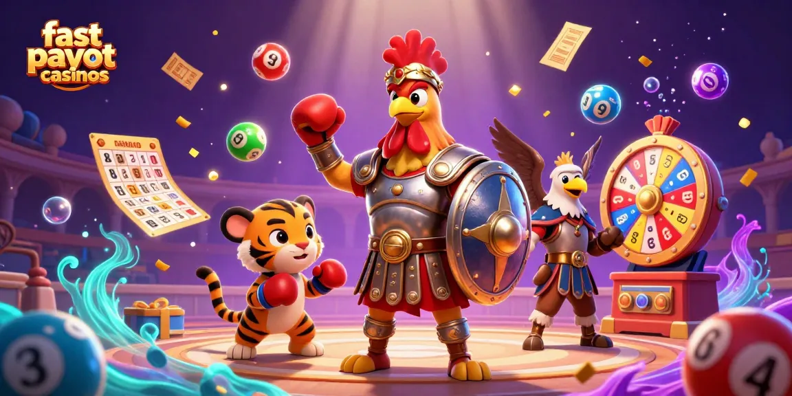 Engage in fast payout casinos with dynamic gameplay featuring a rooster gladiator and vibrant elements.