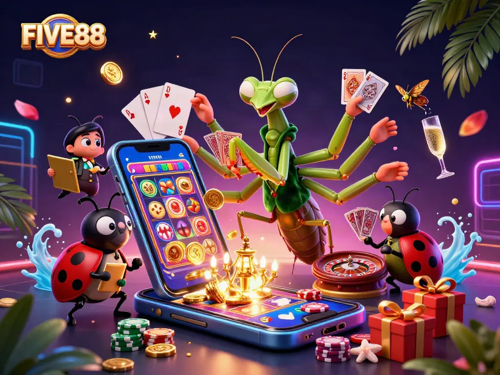 Experience thrilling gameplay with FIVE88's vibrant casino scene featuring unique cartoon characters.