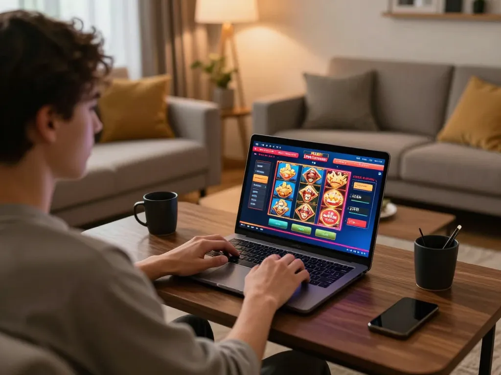 SUNWIN LINK - Engaging in online casino gaming with a modern setup in a cozy living room.