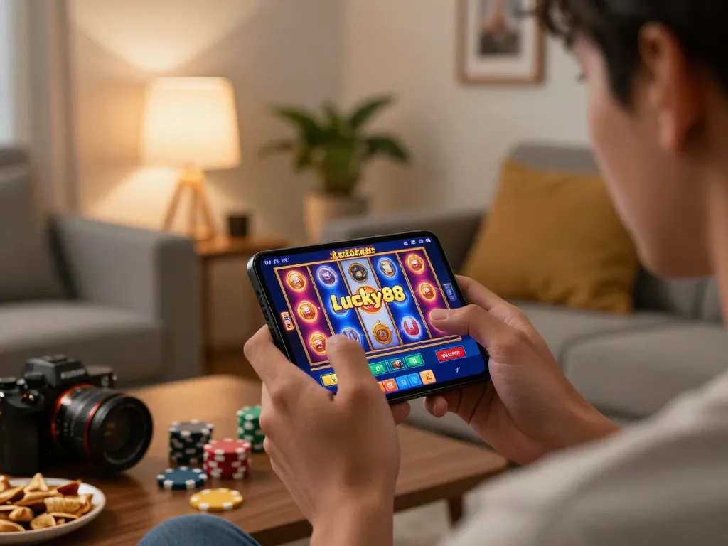 Playing the App Lucky88 on a smartphone reveals exciting slot game features in a cozy home setting