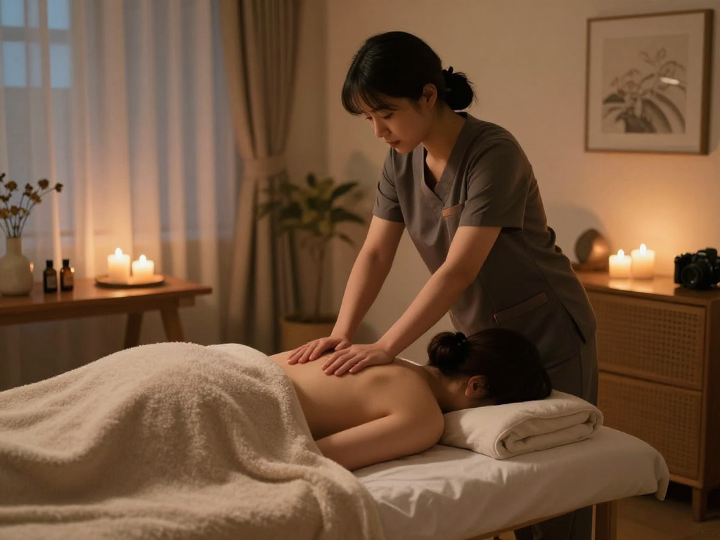 Experience premium 구로출장안마 service in a cozy home environment, showcasing a professional therapist and serene atmosphere.
