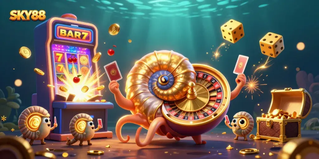 Experience the excitement of SKY88 with a vibrant 3D casino scene showcasing games and jackpots