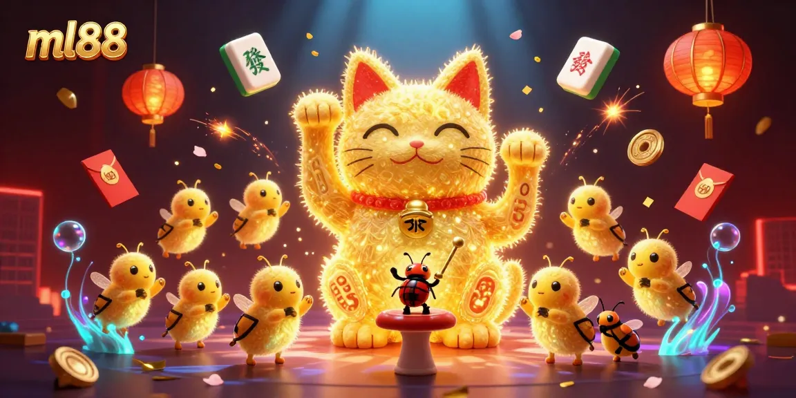 Experience the excitement of ml88 with vibrant casino visuals and engaging lucky cat elements in this digital illustration.