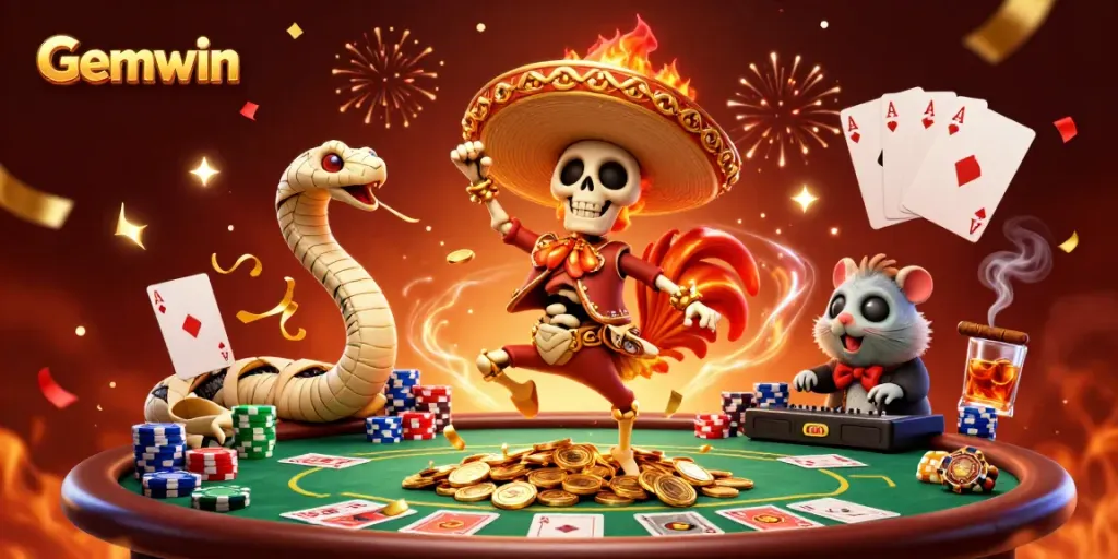 Experience the vibrant Gemwin casino scene with a colorful dance celebration of a skeleton, mummy snake, and zombie hamster DJ.