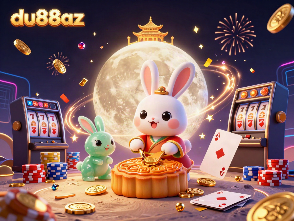 Experience the thrill of du88az with a vibrant illustration of a moon rabbit and dynamic casino elements.