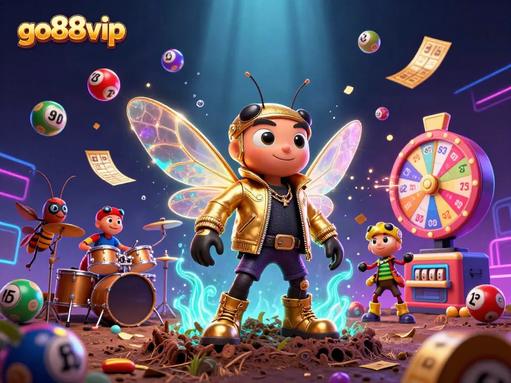 Go88vip showcases a lively 3D cartoon scene, celebrating vibrant lottery games in electrifying style.