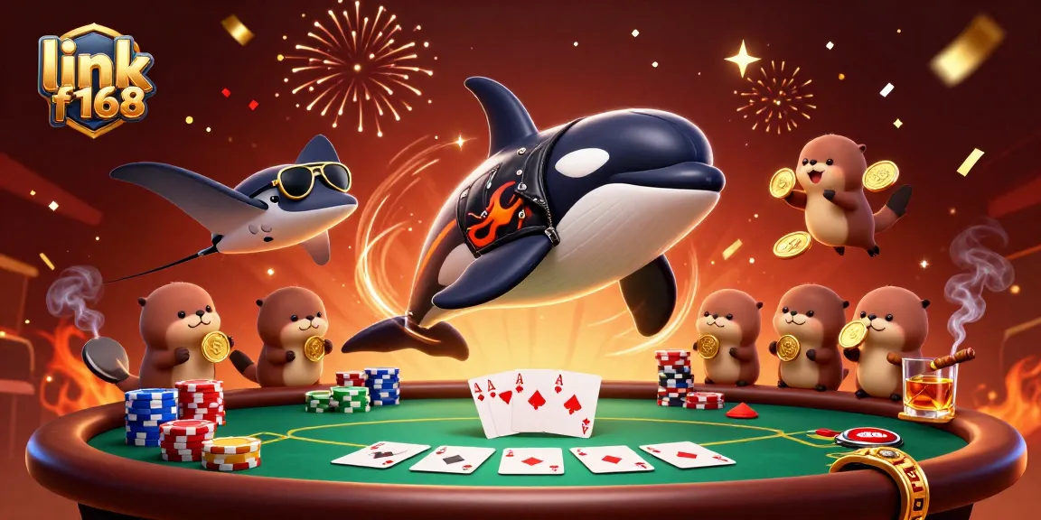 Engage with thrilling games like link f168 as a cartoon orca jumps through a vibrant casino scene filled with poker elements.