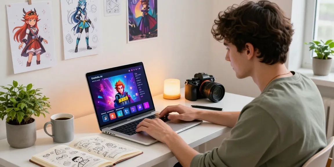 Engaging urban scene of a user exploring nsfw character ai on a laptop with vibrant fantasy graphics.
