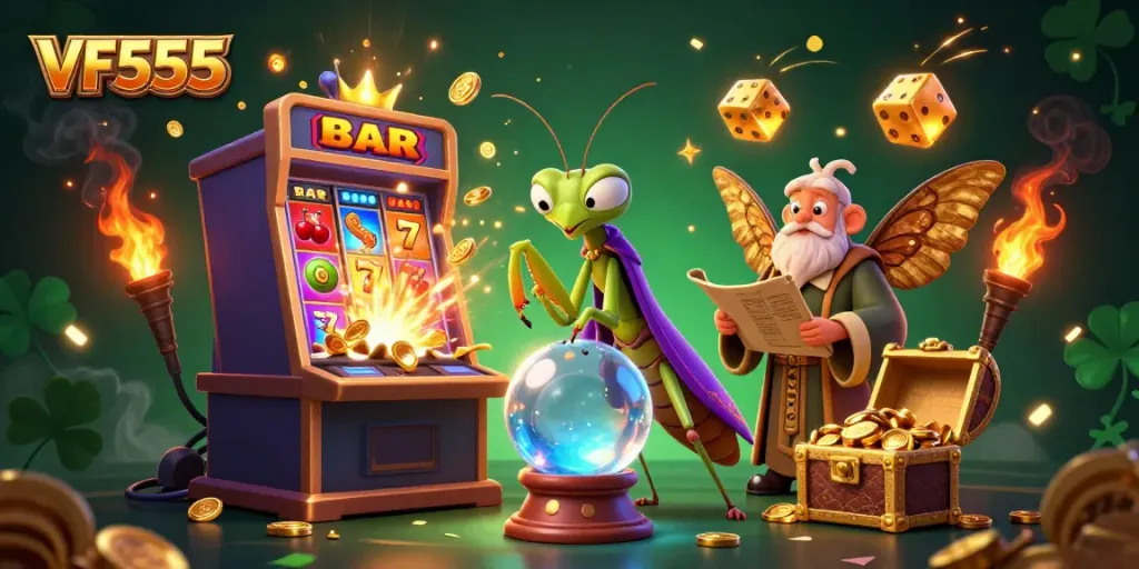 Experience the excitement at VF555 with a vivid casino-themed illustration showcasing fortune tellers and jackpot wins.
