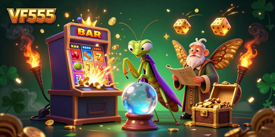 Experience the excitement at VF555 with a vivid casino-themed illustration showcasing fortune tellers and jackpot wins.