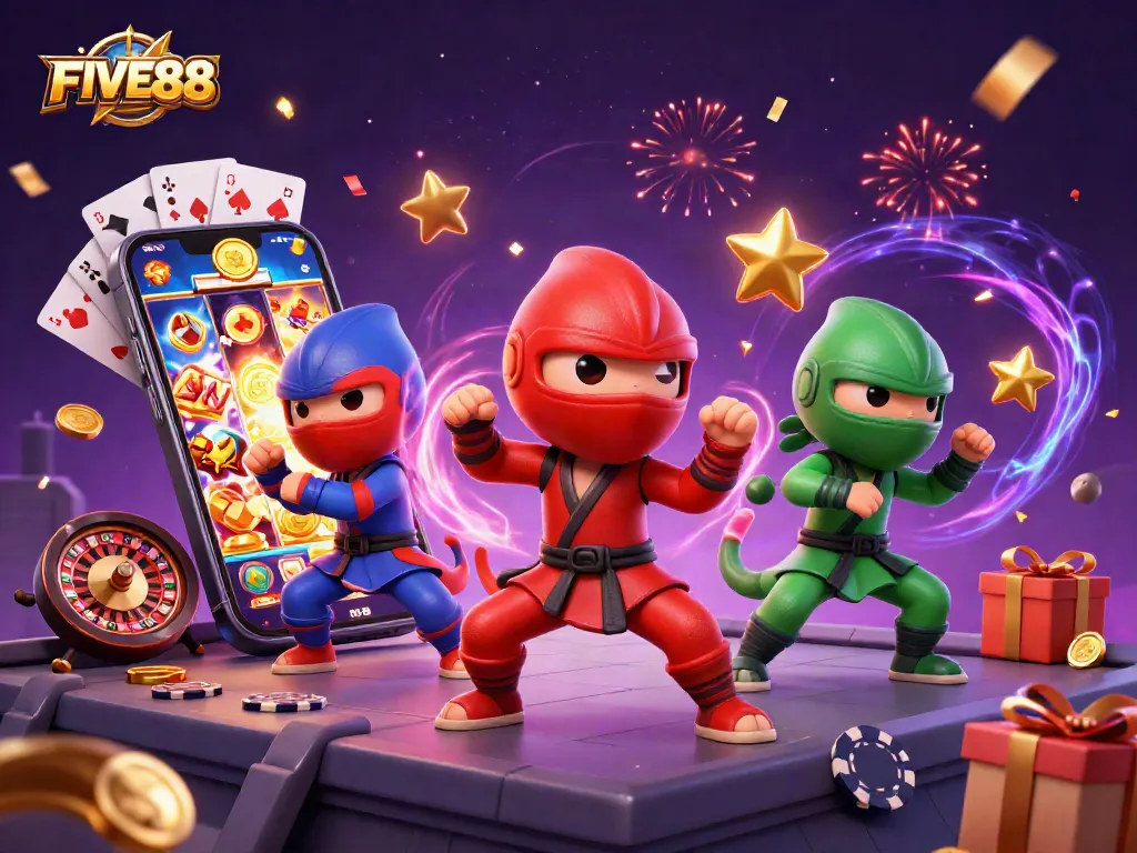 Experience the thrill of FIVE88 casino with vibrant 3D action featuring ninja chameleons and slot games.