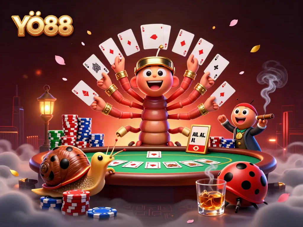 Engage with YO88 as a millipede dealer showcases vibrant poker elements in an exciting 3D casino scene.