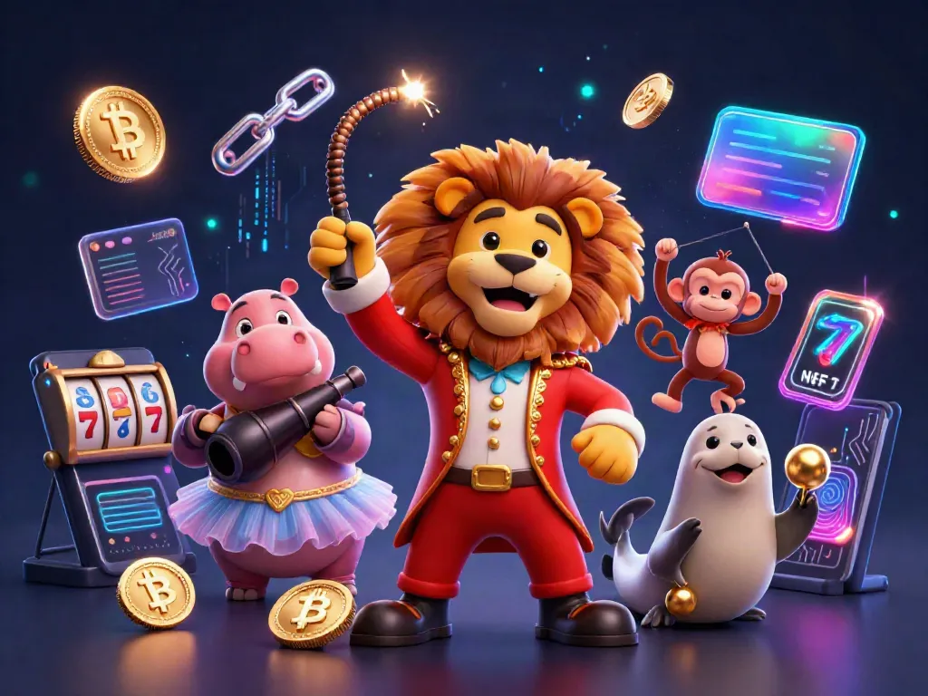 Experience the thrill of ta88 with a vibrant circus-themed casino scene showcasing dazzling characters and crypto elements.