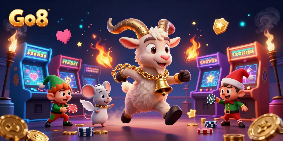 Engage in gaming excitement at Go8's vibrant casino illustration featuring unique characters and colorful elements.