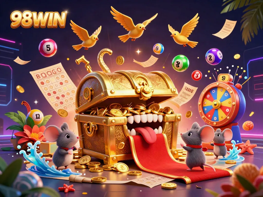 Engage with 98WIN's vibrant lottery scene featuring colorful bouncing balls, a treasure chest, and dynamic casino elements.