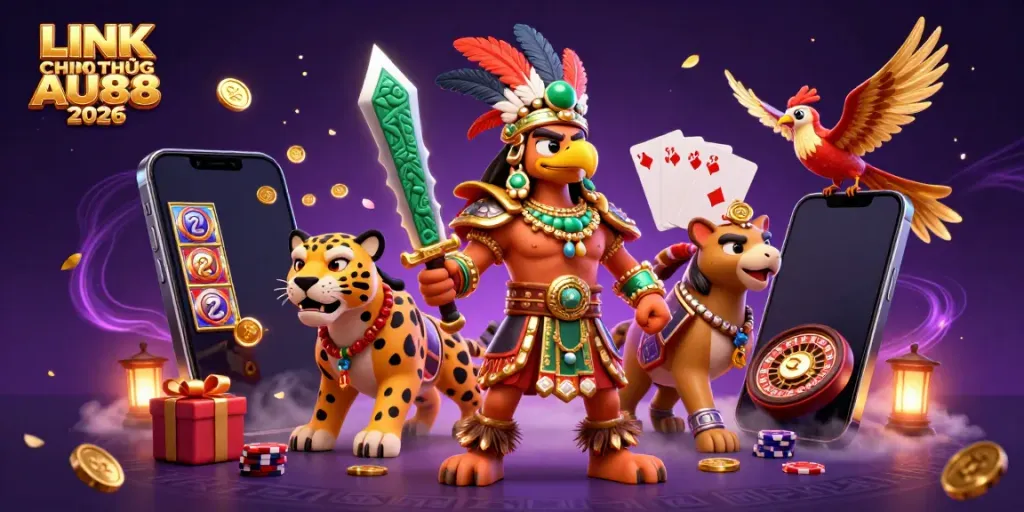 Experience the excitement of LINK CHÍNH THỨC AU88 2026, featuring vibrant characters and casino elements.