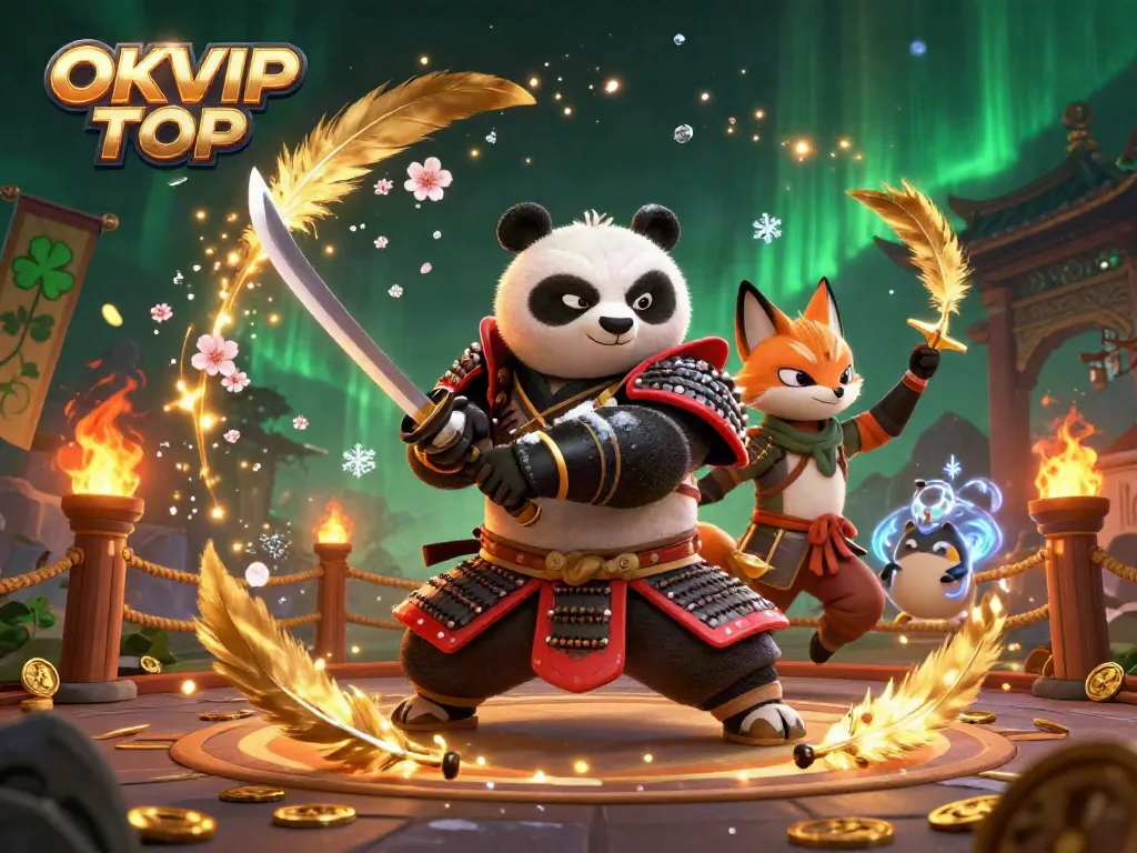 Spin the reels with excitement at OKVIP TOP, featuring a thrilling samurai panda and vibrant casino atmosphere.