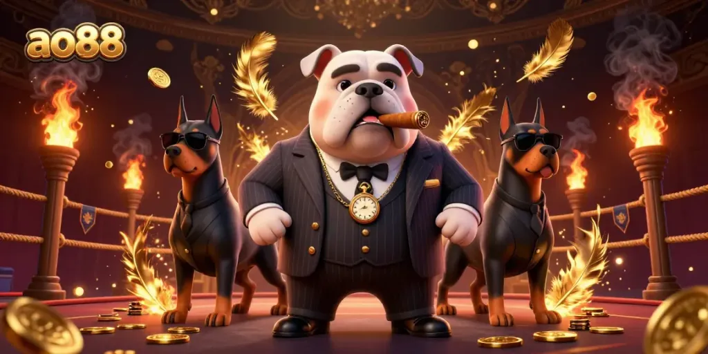 Bet big at ao88 with a thrilling 3D scene featuring a mafia boss bulldog in a casino.