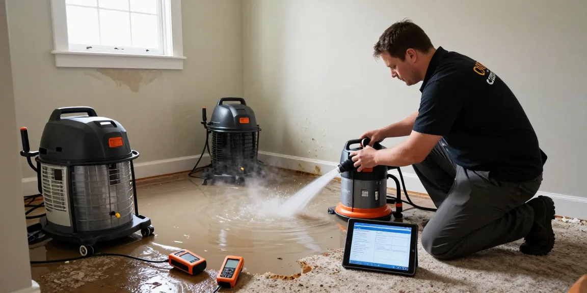 Water Damage Restoration West Vancouver: technician extracting water from a flooded basement with industrial equipment and moisture meters.
